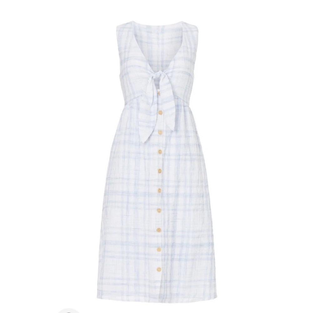 LOVE WHIT Blue Plaid Checkered Tie Front Cotton Midi Dress M Cottagecore 0528